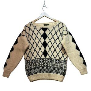 Vintage South Wool Womens Pullover Sweater Small Beige Argyle Classic Knit Y2K
